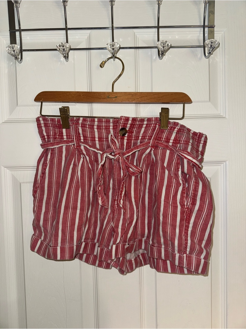 American Eagle Outfitters Red and White Striped Paperbag Waist Shorts